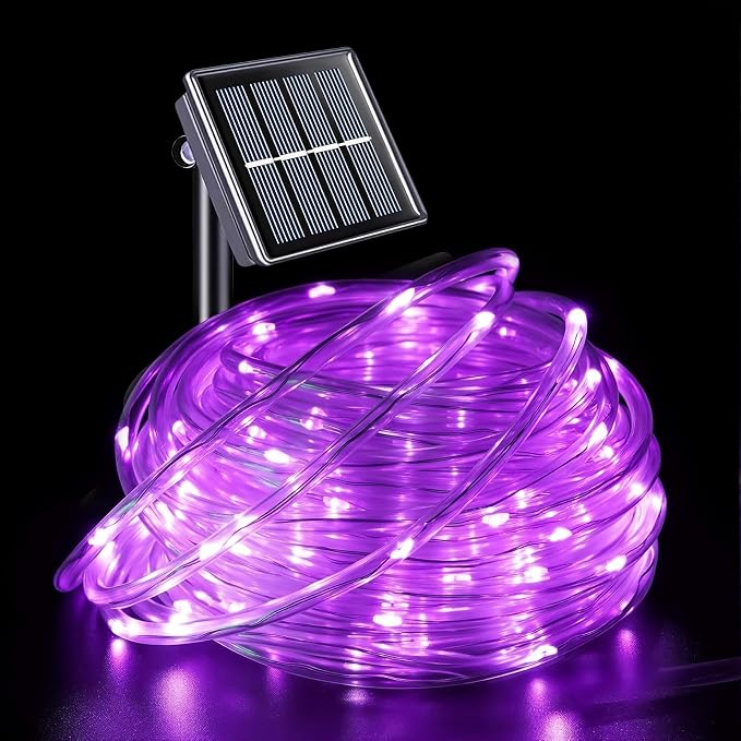 QITONG Purple Solar Halloween Lights, 66ft 200 LED Solar Rope Lights Outdoor, 8 Modes Fairy Lights in Clear Thin Tube