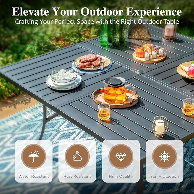 HERA'S HOUSE 9pc Patio Dining Set, 57.5" Metal Table & Rattan Chairs | Square table with umbrella hole, 8 cushioned chairs. Waterproof, rust-resistant, all-weather for backyard, porch.