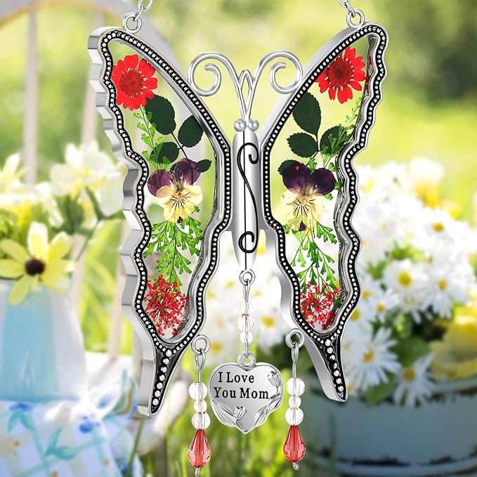 KY&BOSAM Mom Gift Butterfly Glass Pressed Flowers Suncatcher Window Hanging | I Love You Mom Charm Sun Catchers Wind Chime Ornament,Metal & Dried Flowers,Mothers Day Gifts for Mom Birthday Christmas