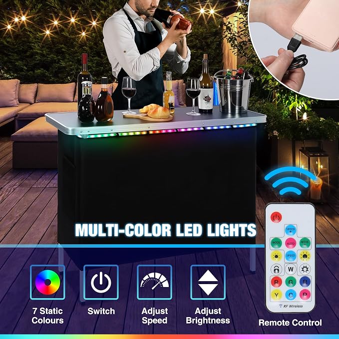 REDCAMP Portable Bar Table with Multi-Color LED Lights, Pop Up Folding Mobile Bar Bartender Table Podium Table for Events, Party, Camping, Tradeshow, Exhibition, Easy Setup, Black,43"x33"x15"