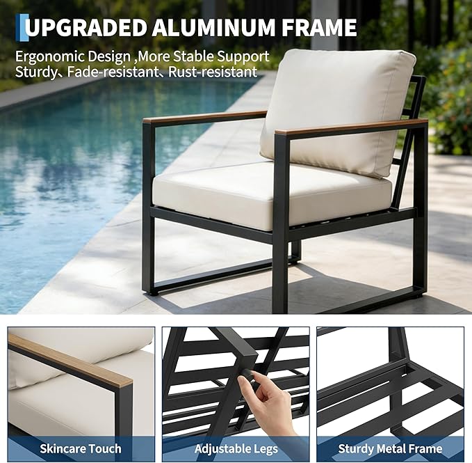 IDEALHOUSE 4-Piece Outdoor Patio Furniture Set, Patio Furniture Set, Metal Conversation Set with Coffee Table and Washable High-Resiliency Cushions, Beige