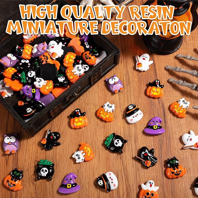66PCS 11Styles Halloween Resin Flatback Charms Mini Resin Pumpkin Ghost | Halloween Garden Miniatures Figurines, DIY Garden Accessories Meeting Supplies Phone Case