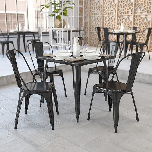 EMMA + OLIVER Commercial Grade 31.75" Square Black Metal Indoor-Outdoor Table