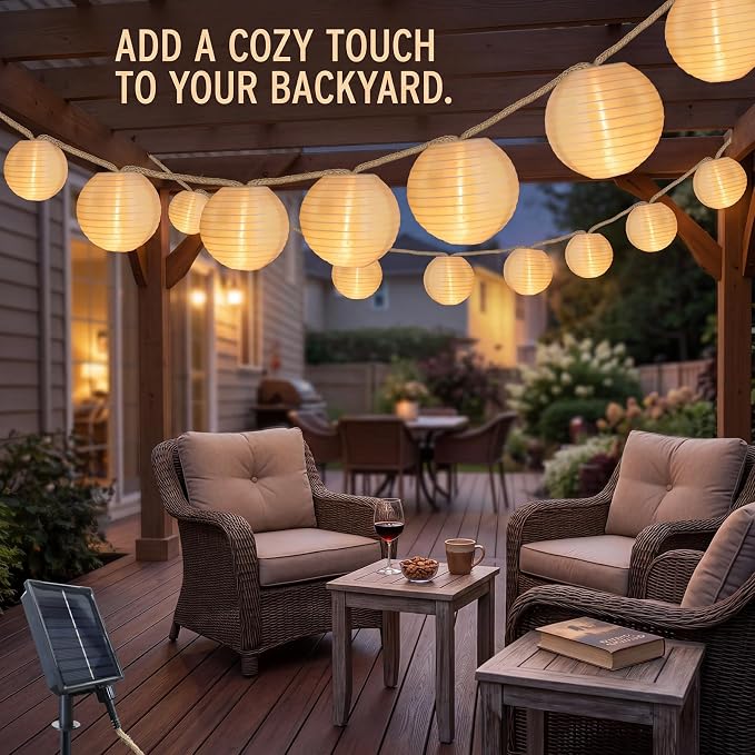 Outdoor Solar String Lantern Lights 30.7FT,Outdoor IP44 Waterproof 20 Lantern Added 1 Lantern Lights,8 Modes Solar Type-C Powered Patio Lights for Backyard Garden Cafe Bistro Party Decor