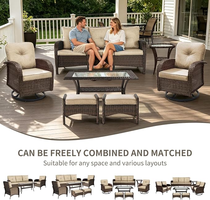 Outdoor Swivel Rocker Patio Chairs (Brown Wicker/Khaki Cushion, 7PC/Sofa & Swivel &2 Table & Ottomans)