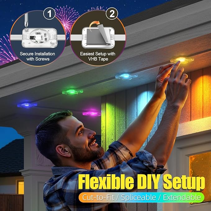 Permanent Outdoor Lights for House 100ft RGB+IC Eave Lights | IP67 Waterproof Smart LED Outdoor Lights with 16M Colors, App/Remote Control for Christmas, Halloween, Daily, Party