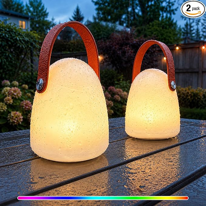 Set of 2 IP65 Waterproof Outdoor Rechargeable Table Lamps for Patio | RGBW Cordless Light, Cute Dimmable Ambient Portable Lantern for Garden, Camping, Balcony, Indoor Decor