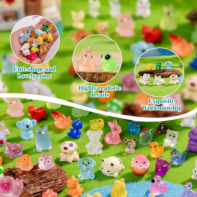 300Pcs Mini Resin Animals Bulk 300 Styles Variety Tiny Animals Figure to Hide Luminous Glow in The Dark for Miniature Fairy Garden Decoration Hide Crafts Decor