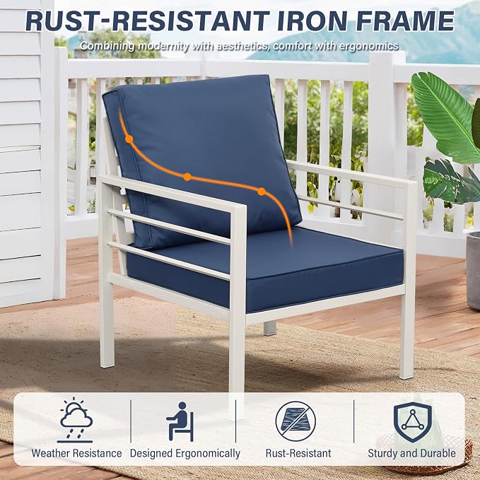 Oasishine Patio Furniture Set Aluminum 4 Pieces White Metal Outdoor Furniture Set Glass Coffee Table with No-Slip Cushions and Waterproof Covers, Navy Blue