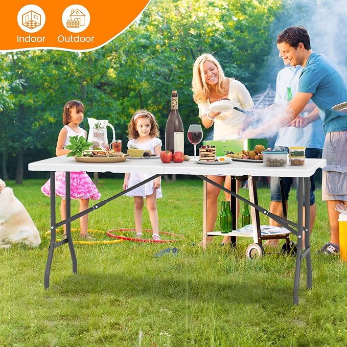 Tangkula 5FT Folding Table, Indoor Outdoor Foldable Plastic Table with HDPE Tabletop, Sturdy Metal Fame, Carrying Handle, 4-6 Person Picnic Table for Camping BBQ Party