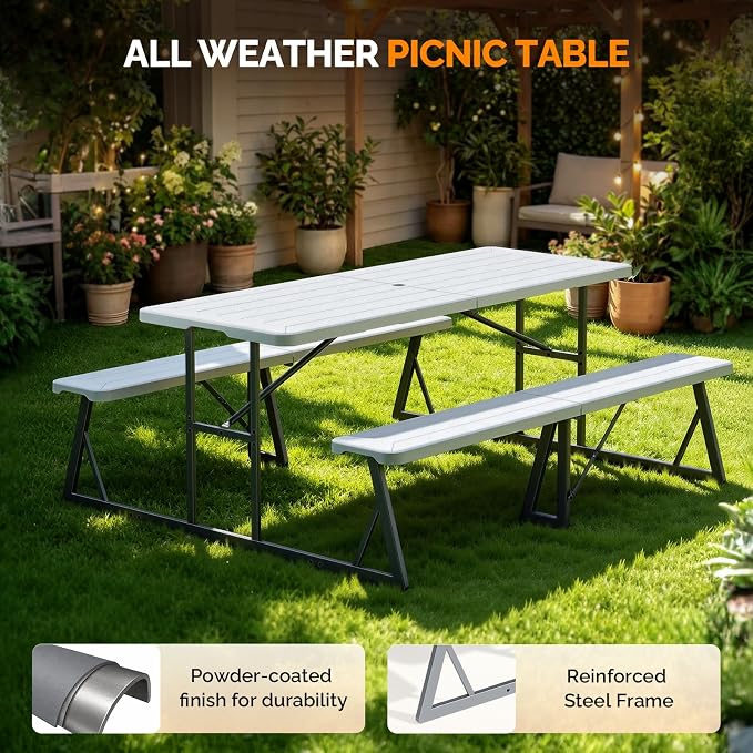 VINGLI Outdoor Picnic Table with 9 ft Umbrella, Wood Grain HDPE Top with Metal Frame Plastic Picnic Table for Dining Party Garden (White Table, Khaki Umbrella)