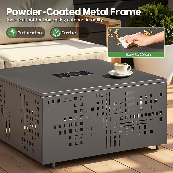 27" Outdoor Coffee Table with Solar Ambient Light & Umbrella Hole, All-Weather Rust-Resistant Metal Patio Table for Backyard Gatherings, Poolside, Small Balconies & Outdoor Living Spaces, Dark Grey