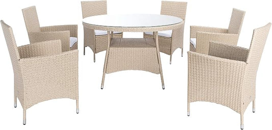 SAFAVIEH Outdoor Collection Challe Beige/White Dining Set PAT7702B-3BX
