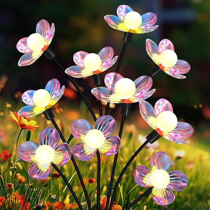 Solar Garden Lights Flowers 4 Pack of 24 LEDs Swaying Firefly Garden Decor | Swaying Flowers Solar Lights Outdoor for Yard Pathway Patio, Swaying Lawn Decor as Gardening Gifts for Women Christmas decor