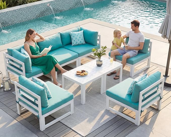 NICESOUL 8 Piece Oversized Modular Aluminum Outdoor Furniture Set with Coffee Table, 29" Deep and Wide Sectional Seating, 500 lbs High Weight Capacity Patio Conversation Set for Garden Deck, Turquoise