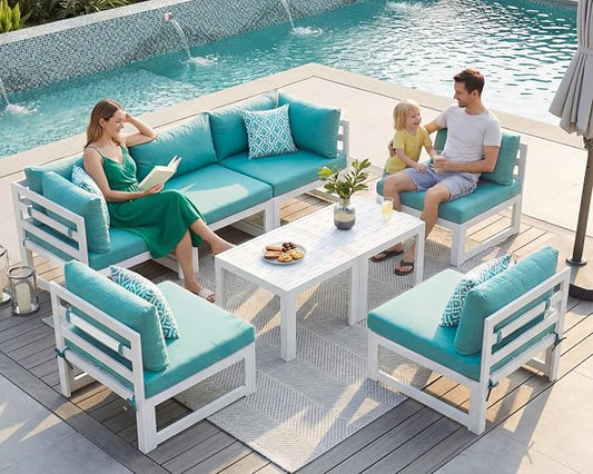 NICESOUL 8 Piece Oversized Modular Aluminum Outdoor Furniture Set with Coffee Table, 29" Deep and Wide Sectional Seating, 500 lbs High Weight Capacity Patio Conversation Set for Garden Deck, Turquoise