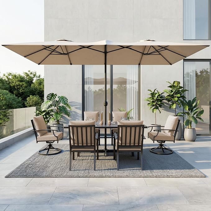 8 PCS Outdoor Patio Dining Set with 13.6ft Double-Sided Patio Umbrella,Patio Table and Chairs Metal Outdoor Patio Furniture Set,Dining Table Set with Swivel Chairs,Brown