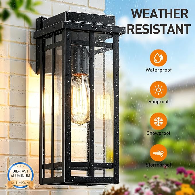 13.8'' Outdoor Wall Light Fixtures 2 Packs, Black Porch Lights | Outdoor Lights for House, Exterior Lighting Fixtures Wall Lanterns, Waterproof Modern Outside Sconce for Garage(No Sensor)