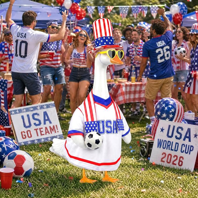 2026 World Cup Porch Goose Outfit, 23" High Lawn Goose Statue Soccer Fan Costume Clothing, FIFA World Cup 2026 Porch Garden Geese Clothes with Hat for Outdoor Patio Yard