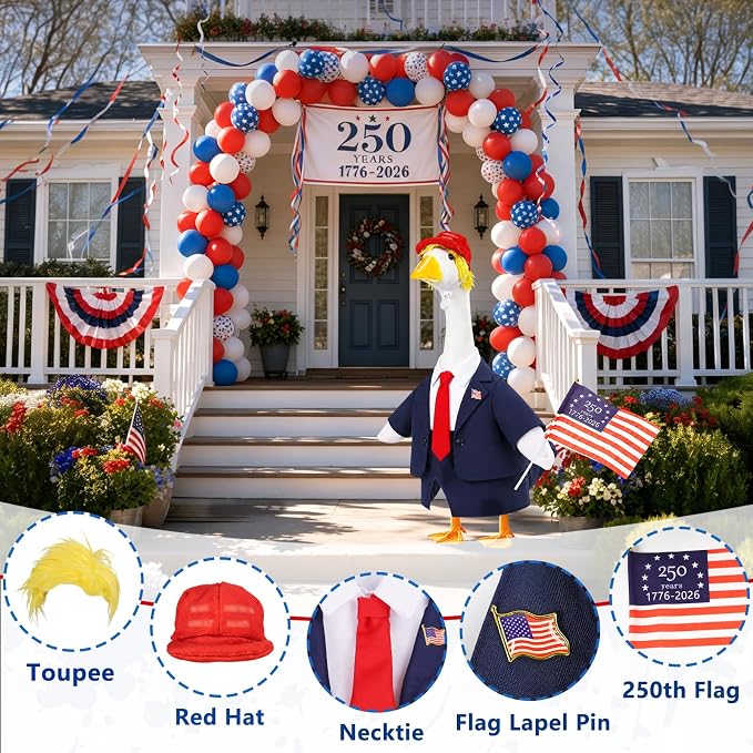 Porch Goose Outfit with Wig Hat for 23 Inch Goose Statue,Outdoor Yard Decor | USA Flag 250th Anniversary Design, Patriotic Porch Goose Clothes with Hat Wig Pin, Outdoor Yard Lawn Patio Holiday Decor