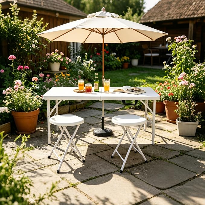 Portable Plastic Folding Table 4ft/6ft/8ft Heavy Duty White Black Picnic Dining Table Fold-in-Half for Camp Party Kitchen Indoor Outdoor (White, 4FT)