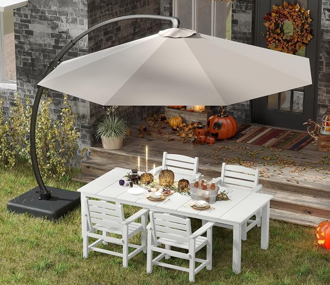 5-Piece Outdoor Dining Set with 11FT Umbrella for 4,White | 75.2'' HDPE table, chairs included, weather-resistant furniture with hole, ideal for lawn, poolside, yard, garden, deck