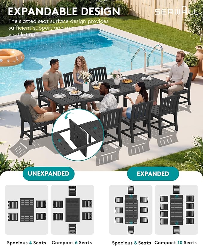 SERWALL Outdoor Patio Dining Set for 6, Black | 60" - 83" Expandable Outdoor Dining Table and 6 HDPE Chairs, All Weather Material Outdoor Furniture Set Backyard, Garden