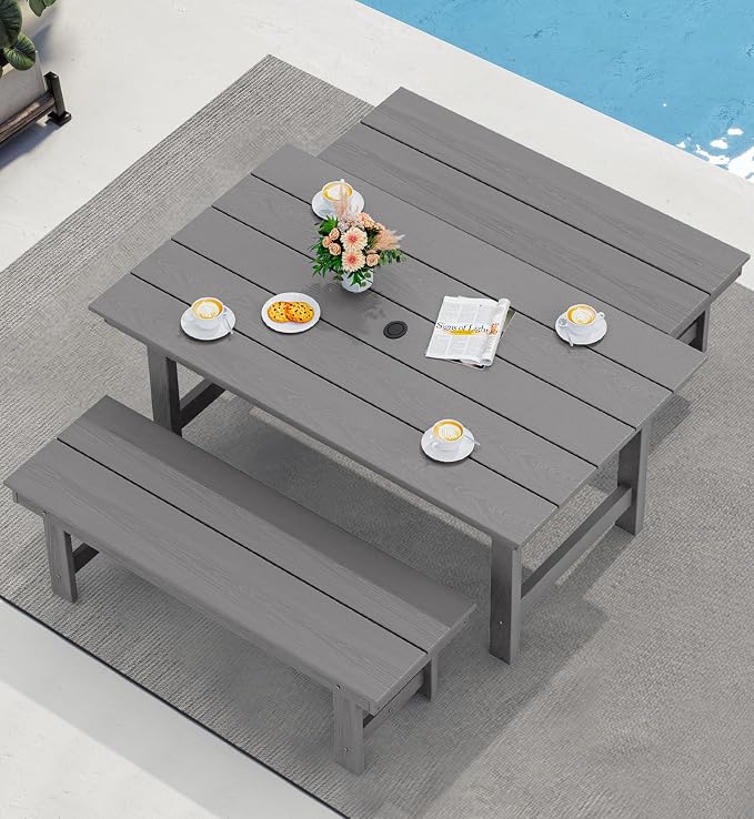 SERWALL 6 Pcs HDPE Dining Set, Includes 1 Table, 1 Bench & 4 Chairs, Gray | Outdoor Dining Set with Bench, All-Weather Resistant SERWALL Dining Set for patio