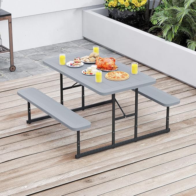 LDAILY Picnic Tables with Benches, Rectangular Dining Table Set for Outside 4 People, HDPE Tabletop, Metal Frame, Umbrella Hole, Heavy Duty Picnic Table for Outdoors, Patio, Lawn, Commercial (Gray)