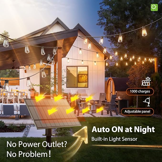 KYY 54(48+6) FT Solar String Lights Outdoor with USB Port Remote | Waterproof and Shatterproof Patio with Solar Powered Panel, LED Vintage Edison Bulbs, Heavy-Duty and UL Listed Market Lights