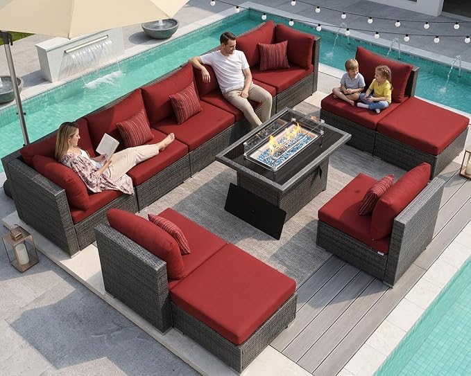 NICESOUL 11 Piece Patio Furniture Set with Fire Pit Table, 29.3'' High Back Comfy Rattan Outdoor Conversations, Big Size Deep Seated Contemporary Sectionals, 2 Color Cushion Red & Gray