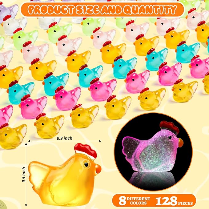 128PCS Luminous Mini Resin Chickens Tiny Chickens for Micro Garden | Miniature Chickens Animals Figurines Glow in The Dark, Micro Landscape DIY, Home Outdoor Party Decor