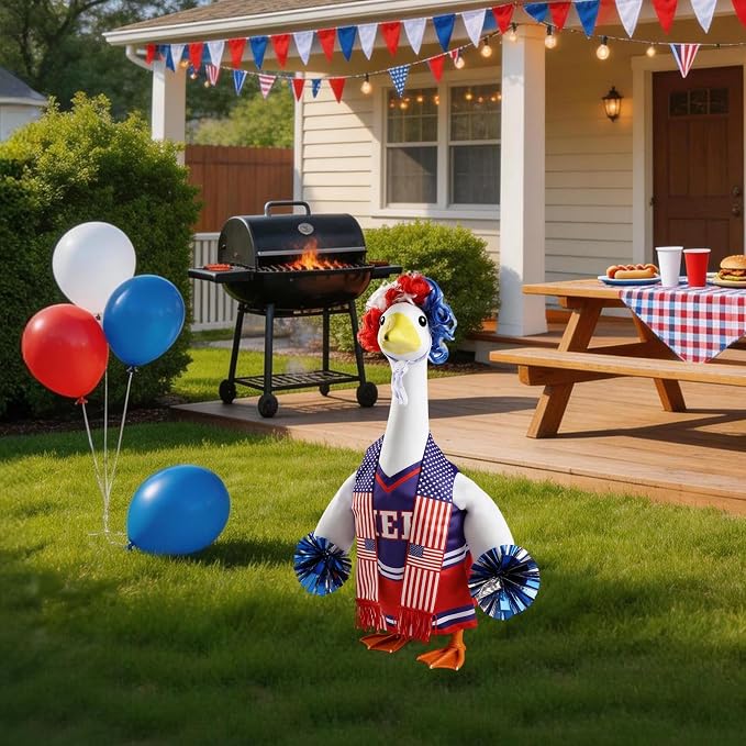 Patriotic Cheerleader Porch Goose Outfits – 4th of July Porch Goose Clothes with Pom Poms, 23 Inch Goose Statue Costume for Garden Patio USA 250th Anniversary