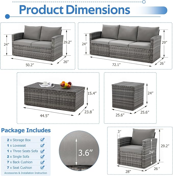 U-MAX 7 PCS Outdoor Patio Furniture Set w/Two Storage Boxes&Furniture Set Cover, Outdoor Conversation Set All-Weather PE Wicker Sectional Sofa, Grey Rattan& Grey Cushions
