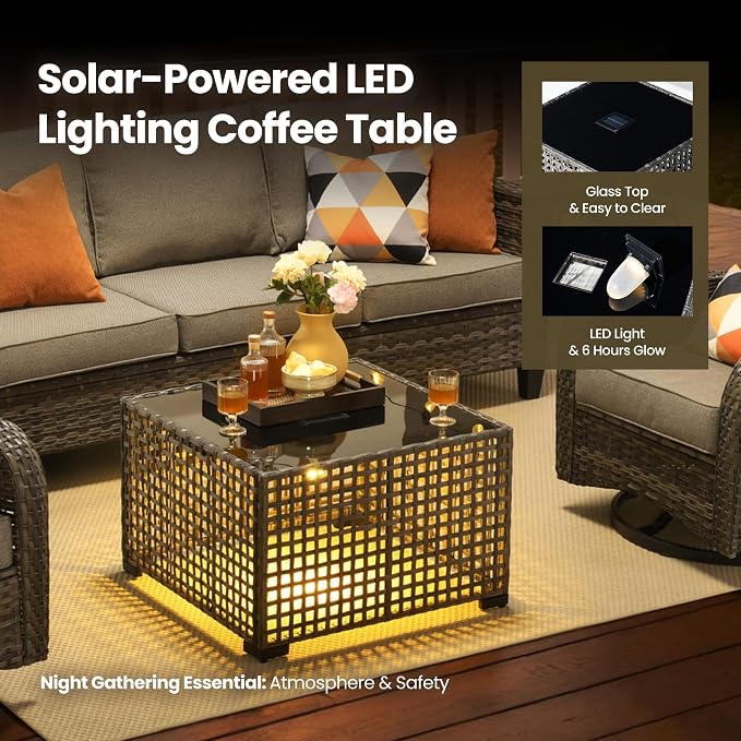 10 Piece Wicker Patio Furniture Set with Firepit, Dark Gray | High Back Swivel Rocker Chairs, 54-inch Fire Pit, Outdoor Sofa Ottoman Solar Lights Table, Conversation Sets, Deck Backyard
