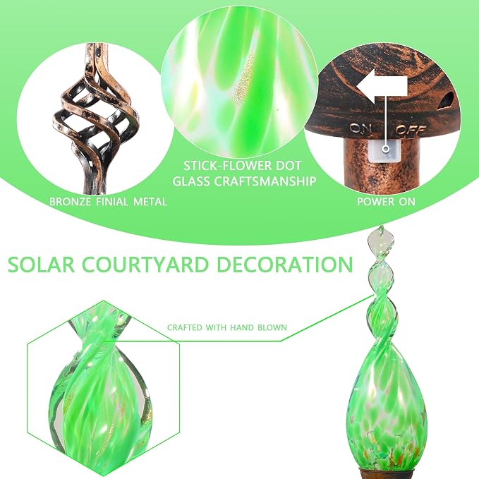 Solar Garden Stakes, Garden Solar Lights with LED Flame, Hand Blown Glass Decorative Garden Stakes, Weatherproof Outdoor Yard Porch Decor