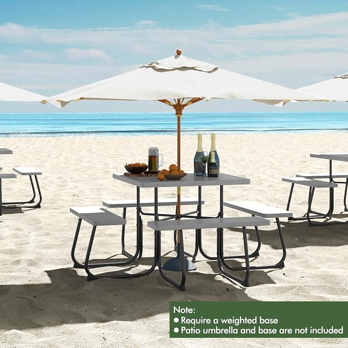 HAPPYGRILL 4-8 Person Square Picnic Table Bench Set with Umbrella Hole, Outdoor Camping Table with HDPE Material and Sturdy Metal Frame for Patio, Garden and Backyard, Gray
