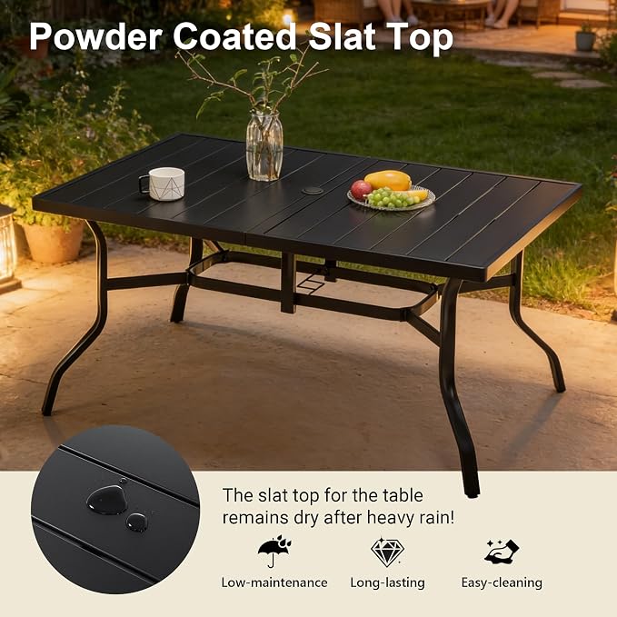 KEIKI Outdoor Dining Table for 56.69" Rectangular Metal Patio Tables with Umbrella Hole & Anti-Slip Pads, All-Weather Black Rectangle Table for Porch, Garden, Yard, Lawn, Poolside, Balcony
