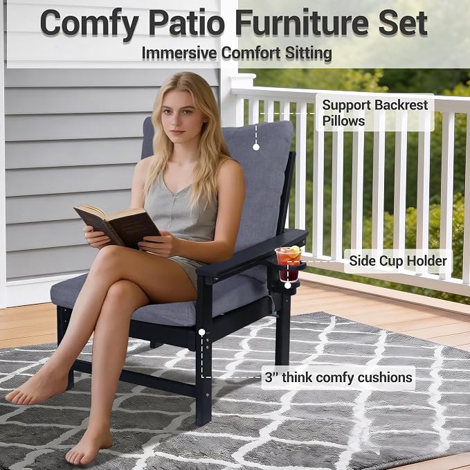 Patio Furniture Set 4 Seat, HDPE All-Weather Outdoor Sectional Conversation Sofa with Coffee Table, Washable Think Cushions for Lawn, Garden, Deck, Porch, Black
