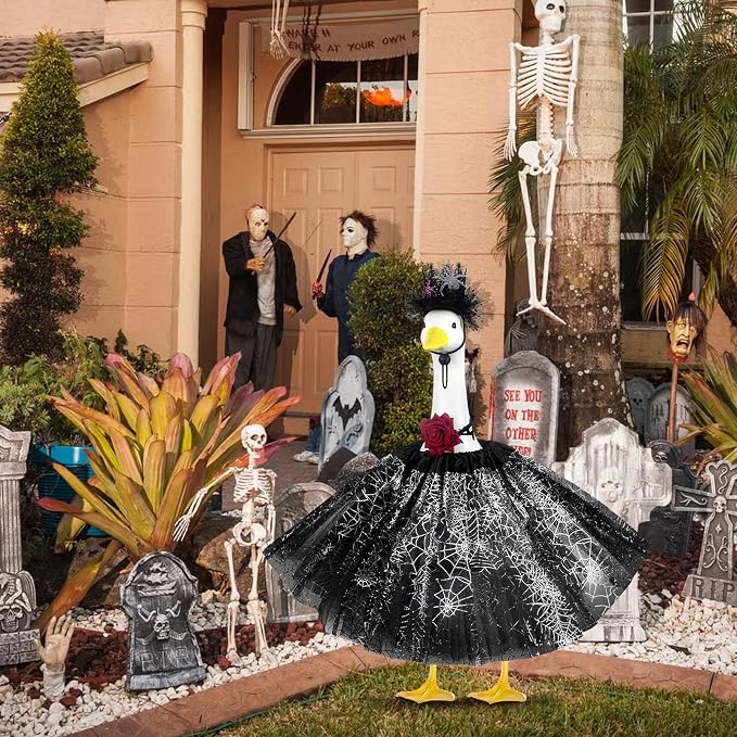 alloween Porch Goose Outfits and Goose Clothes Fits 17-23 In Statue | Black Tutu Skirt Goose Costume with Rose Necklace for Outdoor Patio Yard Lawn Party Decoration