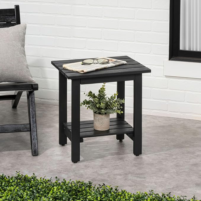 JONATHAN Y Kellie 16" Modern Black Acacia Wood Outdoor Side Table with 2-Tier Storage, Weather-Resistant Rectangular Slatted End Table for Patio, Garden, Deck, and Porch END6001B