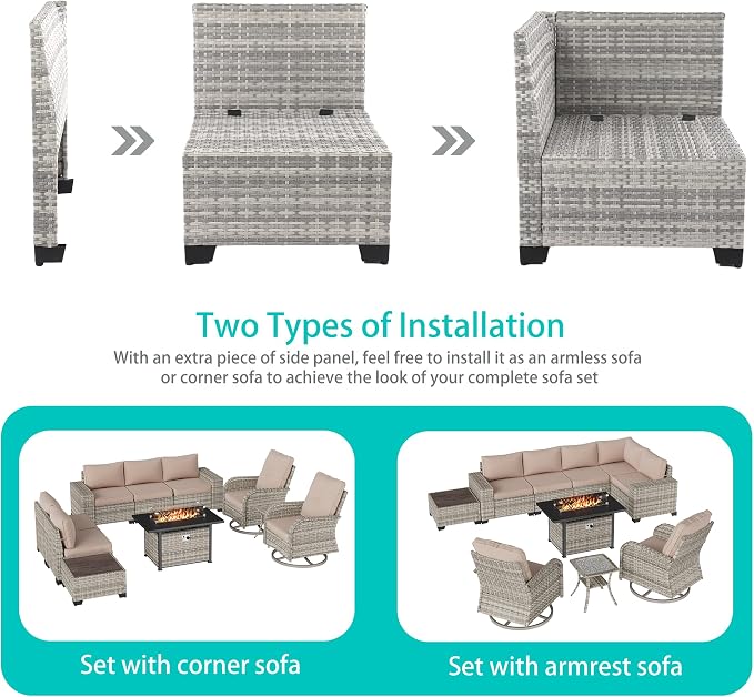 10-Piece Outdoor Patio Furniture Set with Swivel Rocking Chair, Outdoor Sectional Sofa with 55,000 BTU Fire Pit Table PE Wicker Rattan Patio Conversation Set with Coffee Table, Khaki