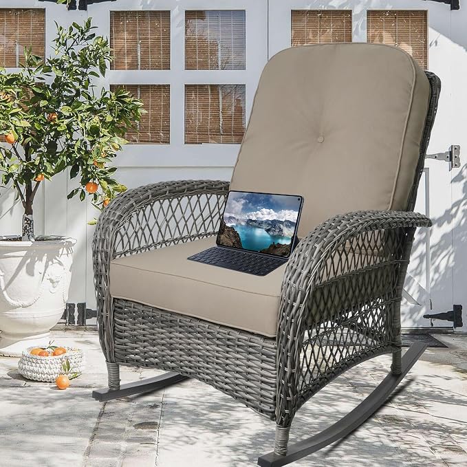 Outdoor Wicker Rocking Chair, All Weather Resin Rattan Wicker Rocking Chairs and Glass Coffee Table, for Garden Backyard Lown Porch,3pc,Brown