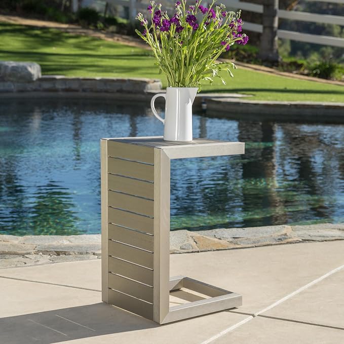24" H Aluminium Black Patio Side Table, Small C-Shaped Outdoor Sofa Table,Coffee Table for Patio, Garden,Balcon,Silver