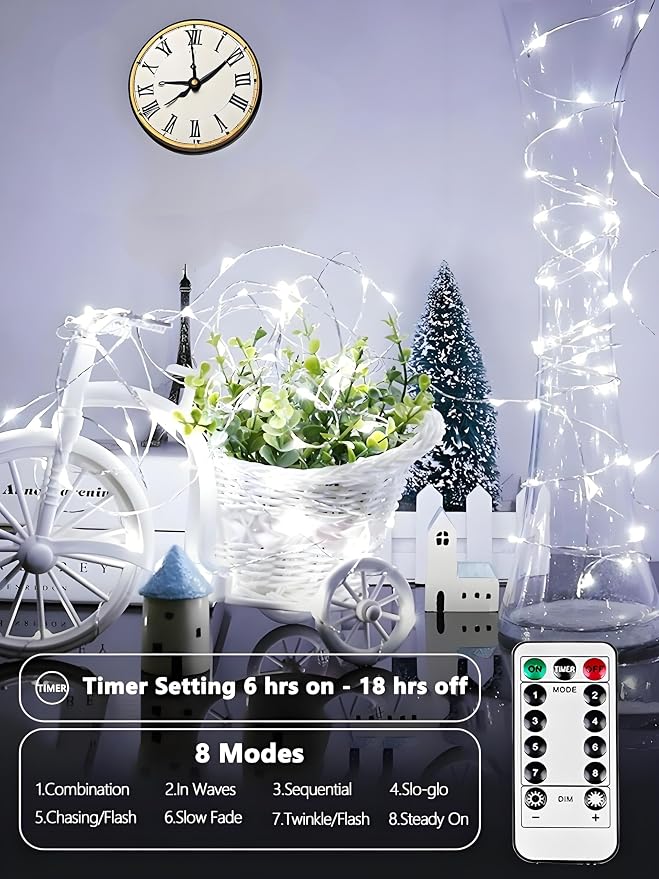 4 Pack Fairy Lights Battery Operated with Remote 33 FT 100 LED Cool White | Remote Control, 8 Modes, Timer, Adjustable brightness, Waterproof Lights for Indoor Outdoor Classroom Christmas Decor