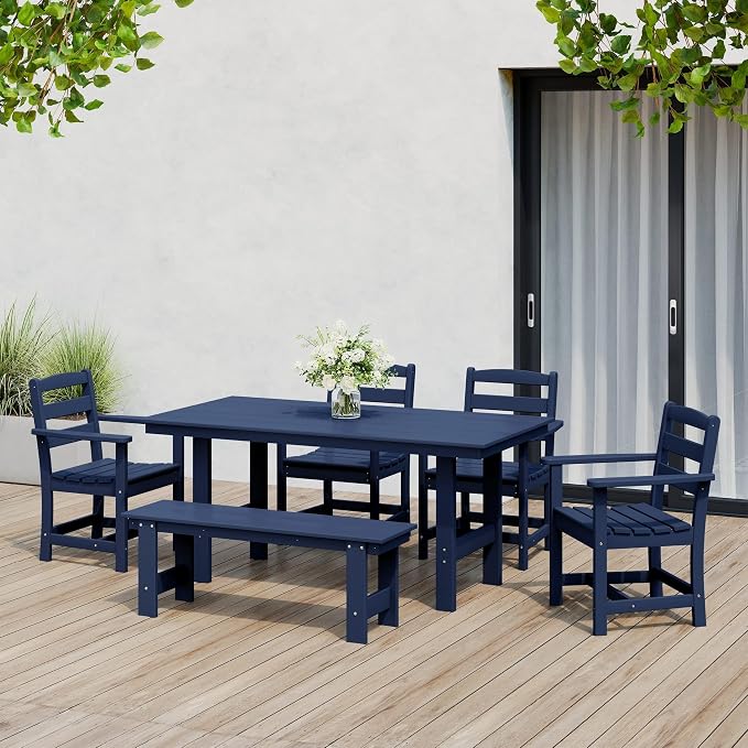 WestinTrends Ashore 6-Piece Outdoor HDPE Patio Dining Table Set with Bench, Navy Blue