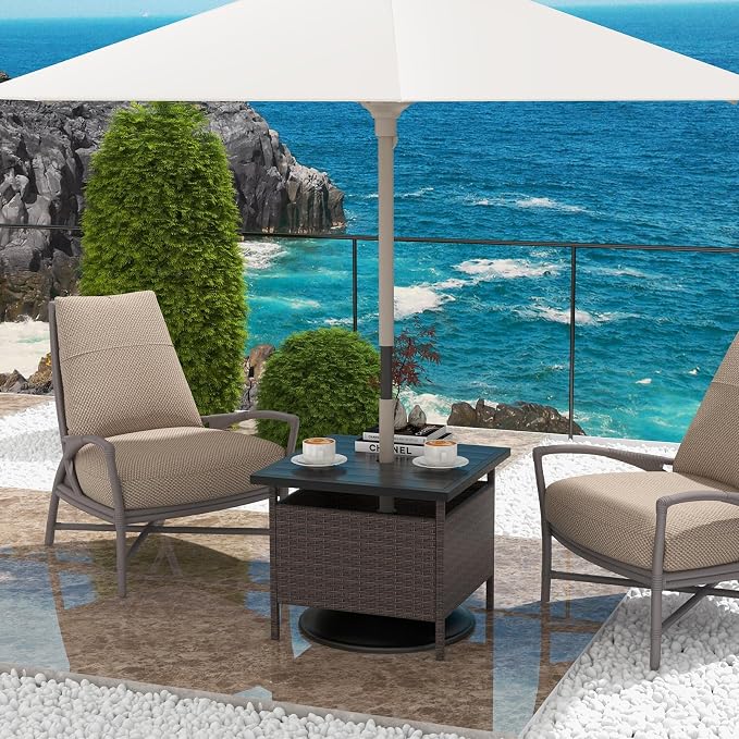 LUARANE Rattan Umbrella Side Table, Outdoor Wicker Stand Table with Umbrella Hole Steel, Suitable for Gardens, Balconies, Poolside (HDPE Tabletop)
