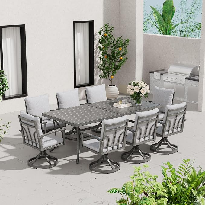 HAPPATIO 9-Piece Patio Outdoor Dining Set - All Aluminum Patio Table and Chairs Set for 8 Includes 1 Rectangular Dining Table and 8 Swivel Dining Chairs with Cushions for Lawn, Garden