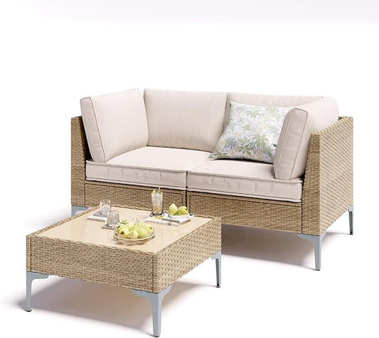 3 Piece Patio Furniture Set, Outdoor Wicker Sectional Sofa with Coffee Table, Anti-Slip & Thick All-Weather Cushions for Garden, Poolside, Backyard, Beige
