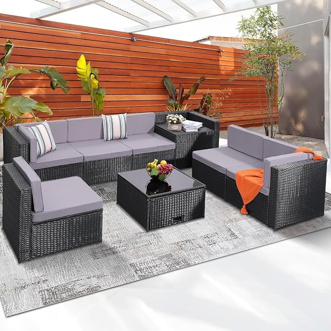 8-Piece Outdoor Wicker Patio Furniture Set with Glass Top Table Featuring Hidden Storage for Backyard, Garden, Deck, or Porch(Gray2)
